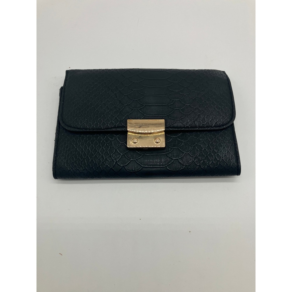 A New Day Black Pebbled Faux Leather Accordion Wallet Gold Snap Closure Women